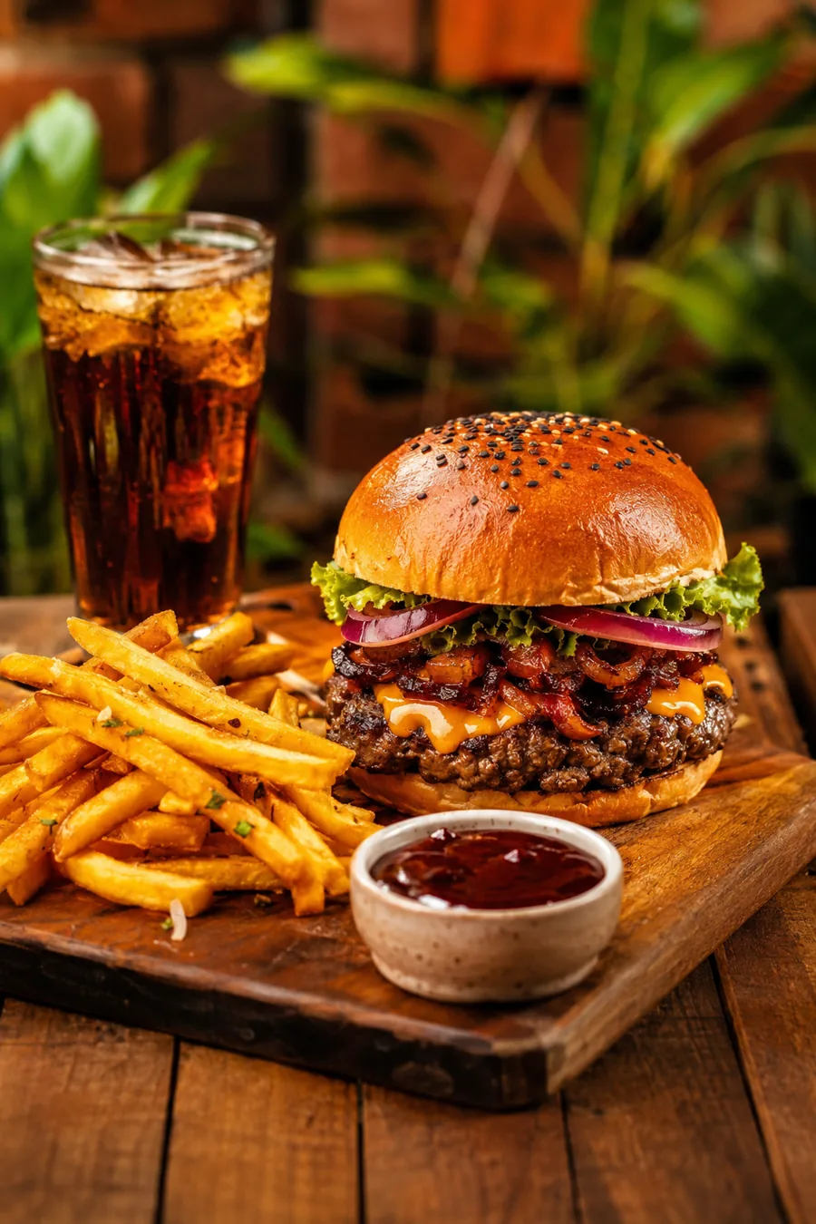 Hambúrguer artesanal do Fogo Parrilla acompanhado de fritas e bebida